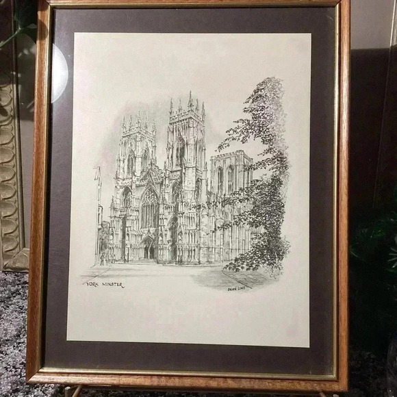 Vintage York Minster Print of a Drawing by Brian Lewis, B&W Art in Framed - Picture 1 of 7